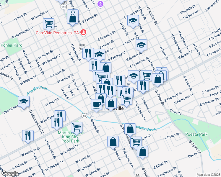 map of restaurants, bars, coffee shops, grocery stores, and more near in Beeville