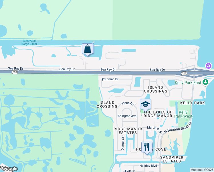 map of restaurants, bars, coffee shops, grocery stores, and more near 1263 Potomac Drive in Merritt Island