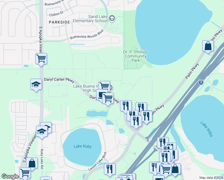 map of restaurants, bars, coffee shops, grocery stores, and more near 8000-8198 Fenton Street in Orlando