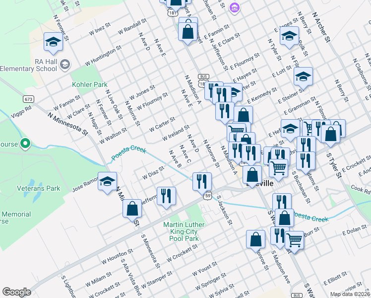 map of restaurants, bars, coffee shops, grocery stores, and more near 501-513 3rd Street in Beeville