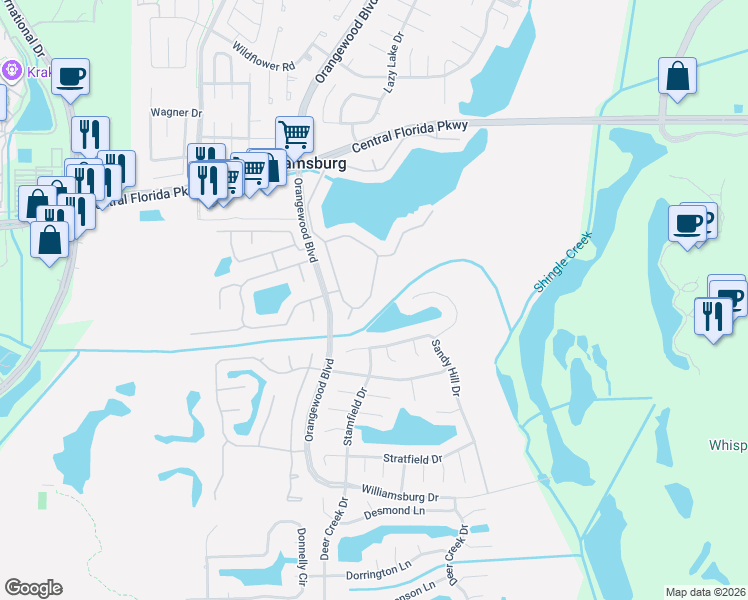 map of restaurants, bars, coffee shops, grocery stores, and more near 5421 Watervista Drive in Orlando