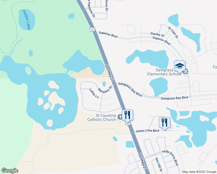 map of restaurants, bars, coffee shops, grocery stores, and more near 15461 Margaux Drive in Clermont