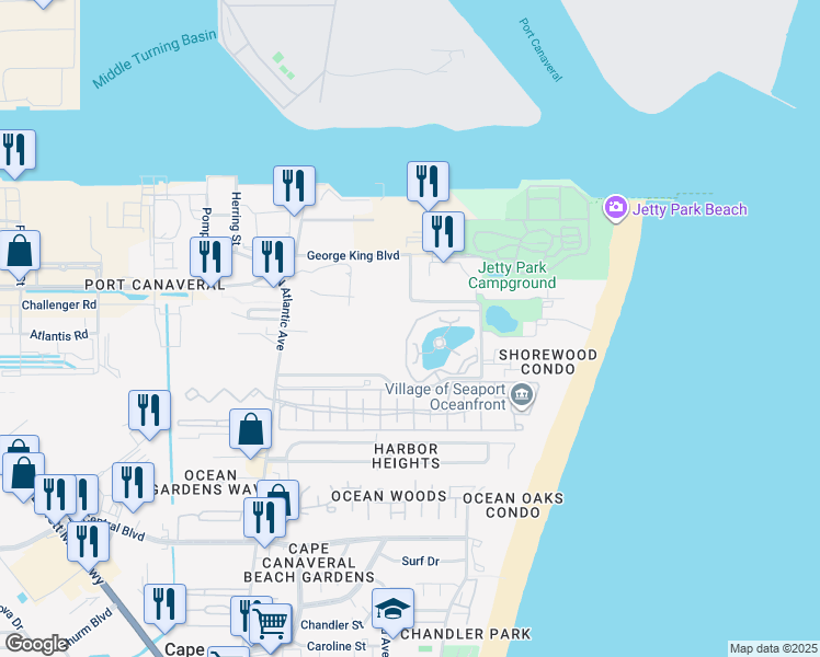 map of restaurants, bars, coffee shops, grocery stores, and more near 8941 Shorewood Drive in Cape Canaveral