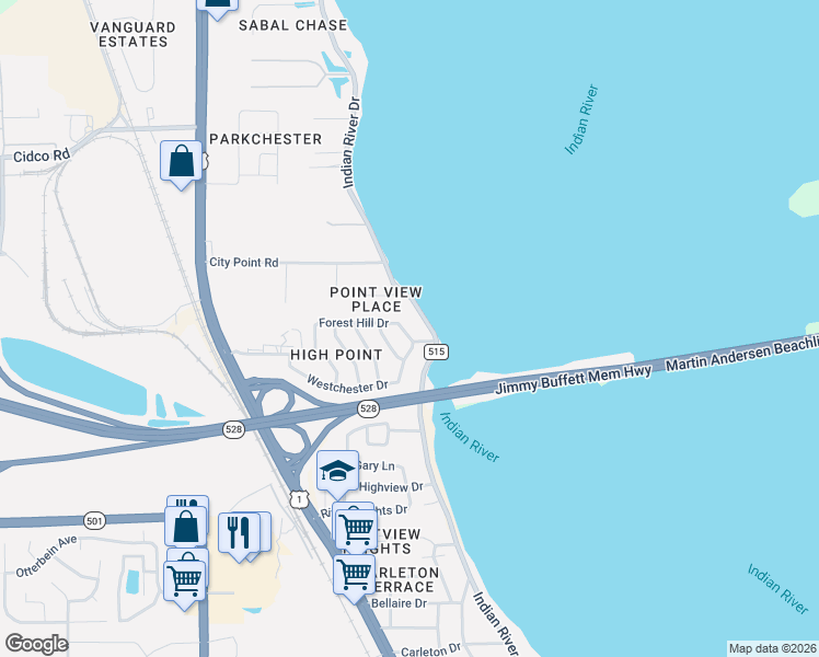 map of restaurants, bars, coffee shops, grocery stores, and more near 3430 Indian River Drive in Cocoa