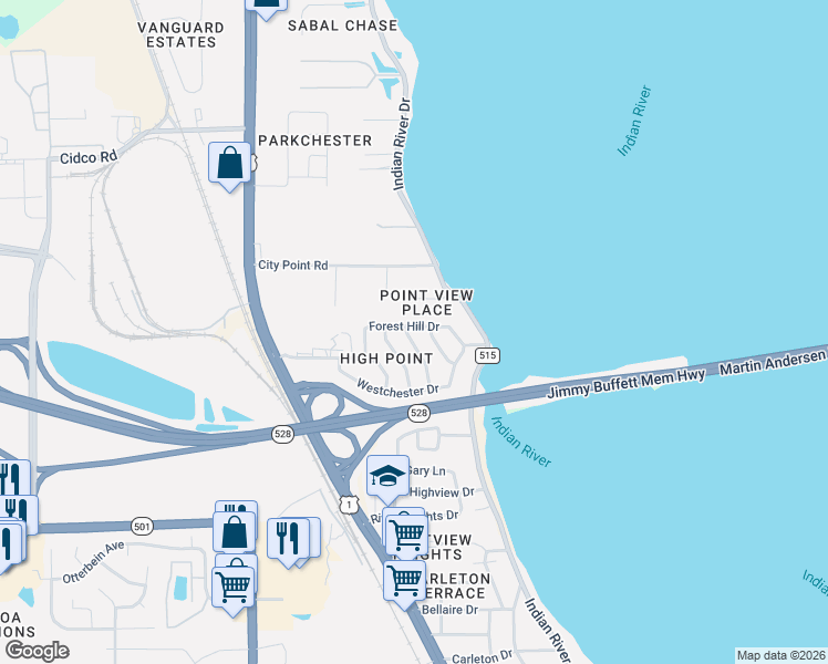 map of restaurants, bars, coffee shops, grocery stores, and more near 306 Forest Hill Drive in Cocoa