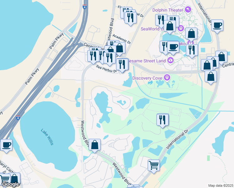 map of restaurants, bars, coffee shops, grocery stores, and more near 6514 Captains Way in Orlando