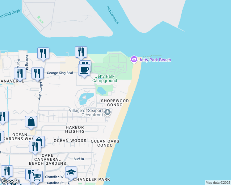 map of restaurants, bars, coffee shops, grocery stores, and more near 705 Solana Shores Drive in Cape Canaveral