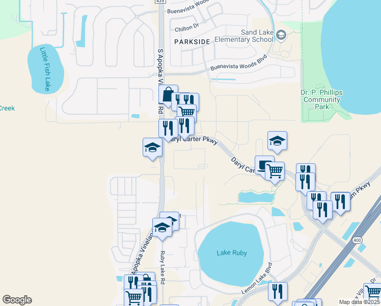 map of restaurants, bars, coffee shops, grocery stores, and more near 11045-11193 South Apopka Vineland Road in Orlando