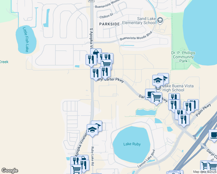 map of restaurants, bars, coffee shops, grocery stores, and more near 7200 Azure Circle in Orlando