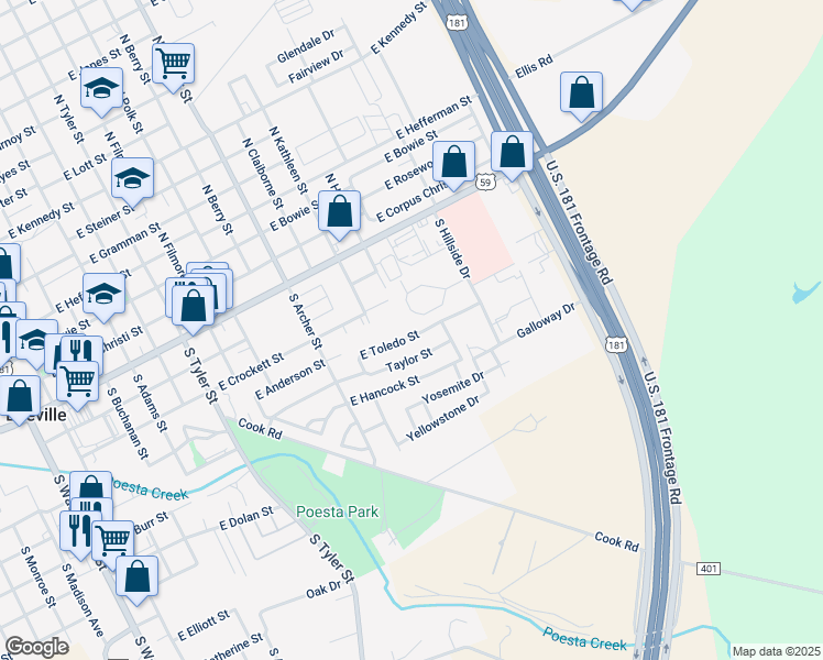 map of restaurants, bars, coffee shops, grocery stores, and more near 1301 East Toledo Street in Beeville