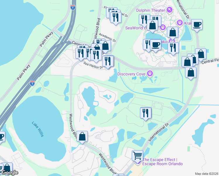 map of restaurants, bars, coffee shops, grocery stores, and more near 6514 Captains Way in Orlando
