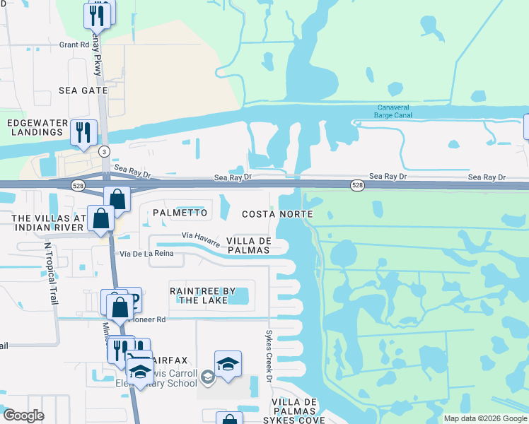 map of restaurants, bars, coffee shops, grocery stores, and more near 2580 Sykes Creek Drive in Merritt Island