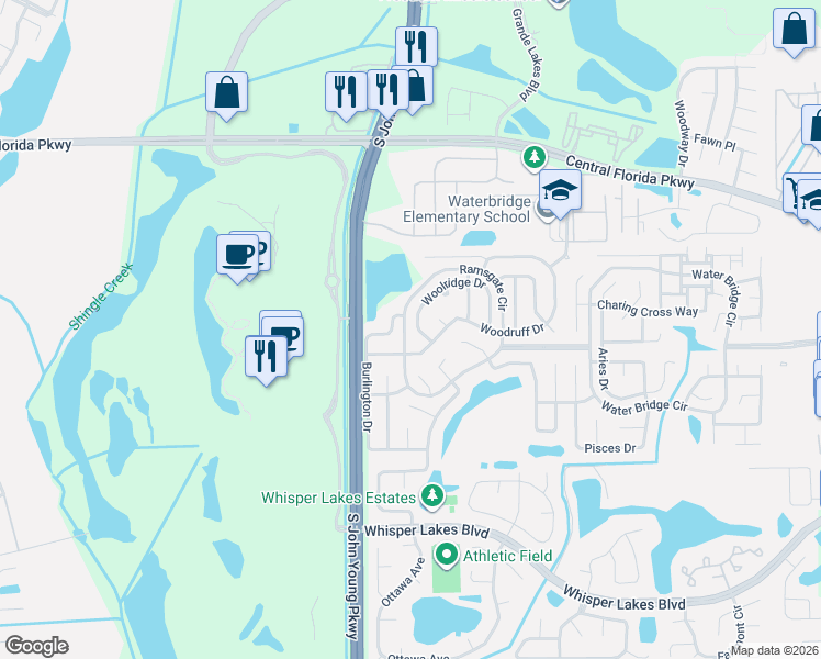 map of restaurants, bars, coffee shops, grocery stores, and more near 3071 Woolridge Drive in Orlando
