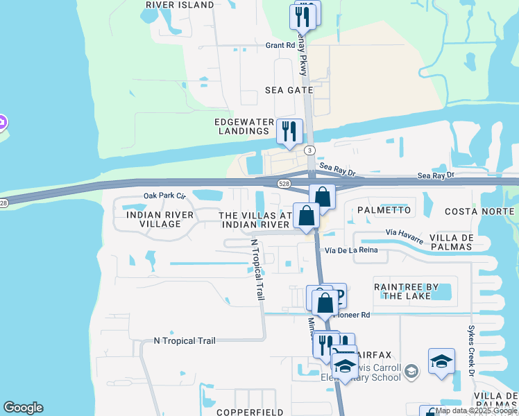 map of restaurants, bars, coffee shops, grocery stores, and more near 200 Venetian Way in Merritt Island