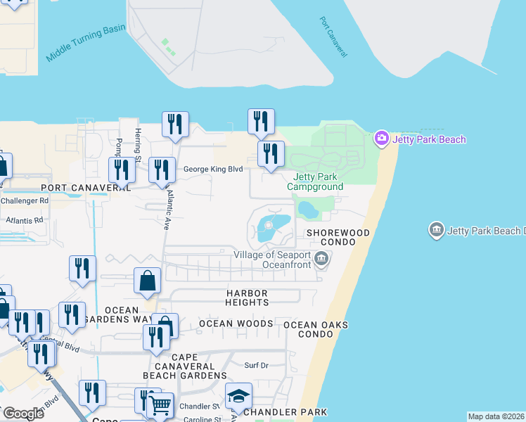 map of restaurants, bars, coffee shops, grocery stores, and more near 8941 Lake Drive in Cape Canaveral