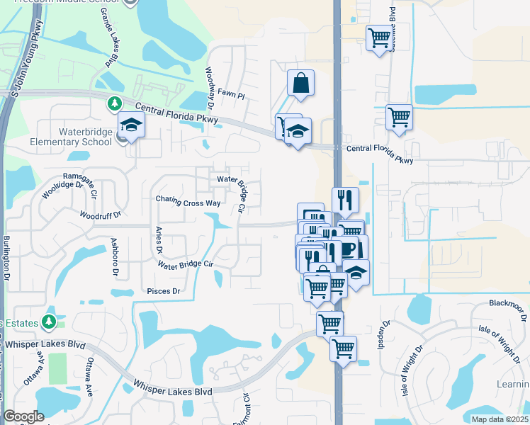 map of restaurants, bars, coffee shops, grocery stores, and more near 11207 Finchley Place in Orlando