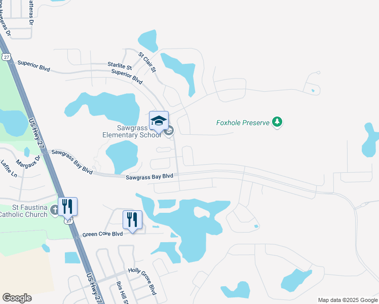 map of restaurants, bars, coffee shops, grocery stores, and more near 16225 Saint Augustine Street in Clermont