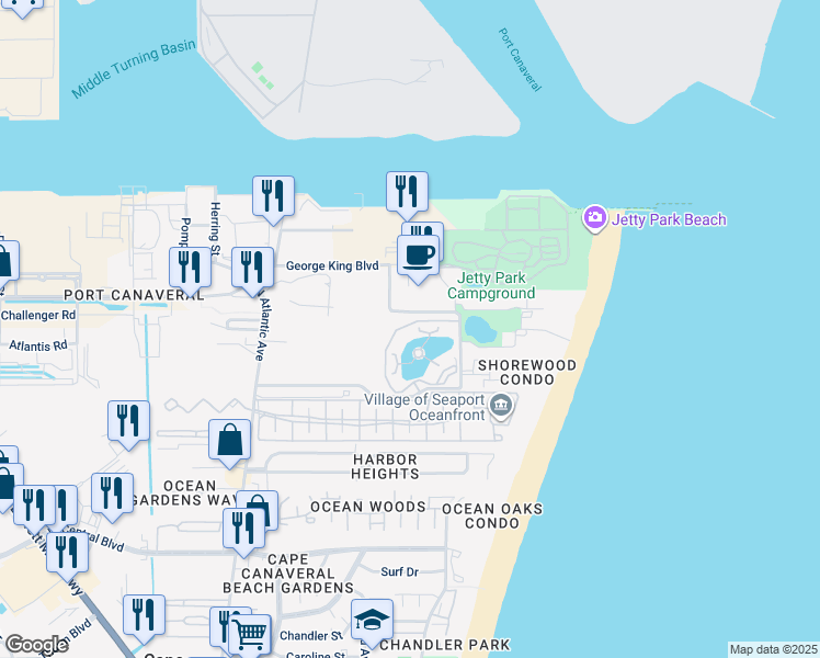 map of restaurants, bars, coffee shops, grocery stores, and more near 8941 Lake Drive in Cape Canaveral
