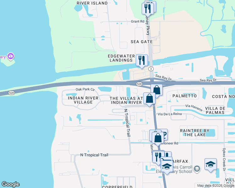 map of restaurants, bars, coffee shops, grocery stores, and more near 2580 Via Veneto Court in Merritt Island