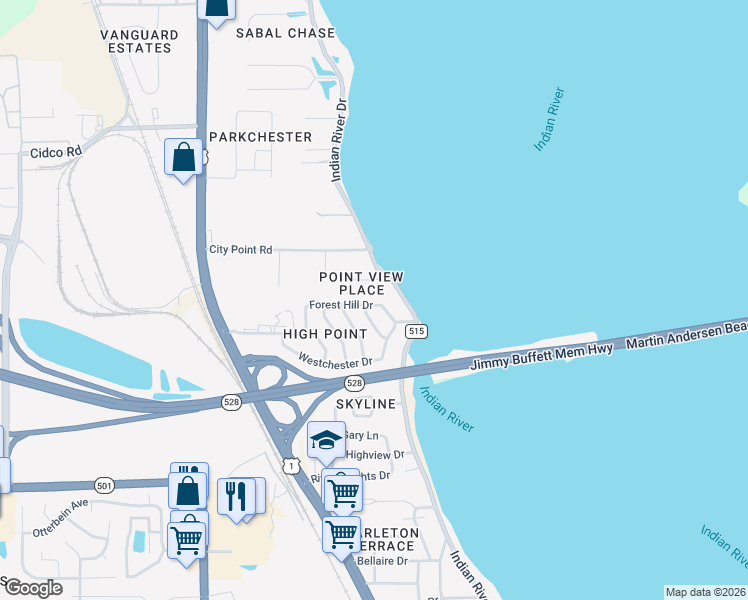 map of restaurants, bars, coffee shops, grocery stores, and more near 206 Forest Hill Drive in Cocoa