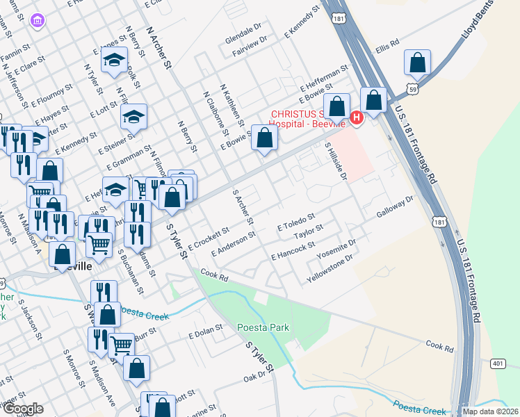 map of restaurants, bars, coffee shops, grocery stores, and more near 1101 East Crockett Street in Beeville