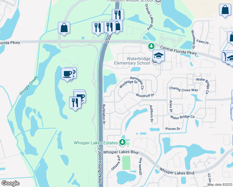 map of restaurants, bars, coffee shops, grocery stores, and more near 3071 Woolridge Drive in Orlando