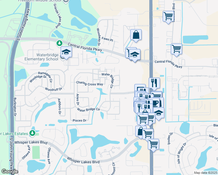 map of restaurants, bars, coffee shops, grocery stores, and more near 2416 Alister Court in Orlando