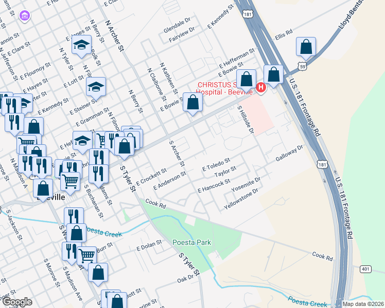 map of restaurants, bars, coffee shops, grocery stores, and more near 1101 East Crockett Street in Beeville