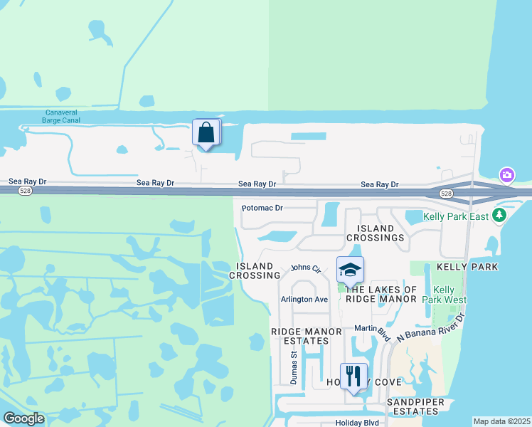 map of restaurants, bars, coffee shops, grocery stores, and more near 1263 Potomac Dr in Merritt Island
