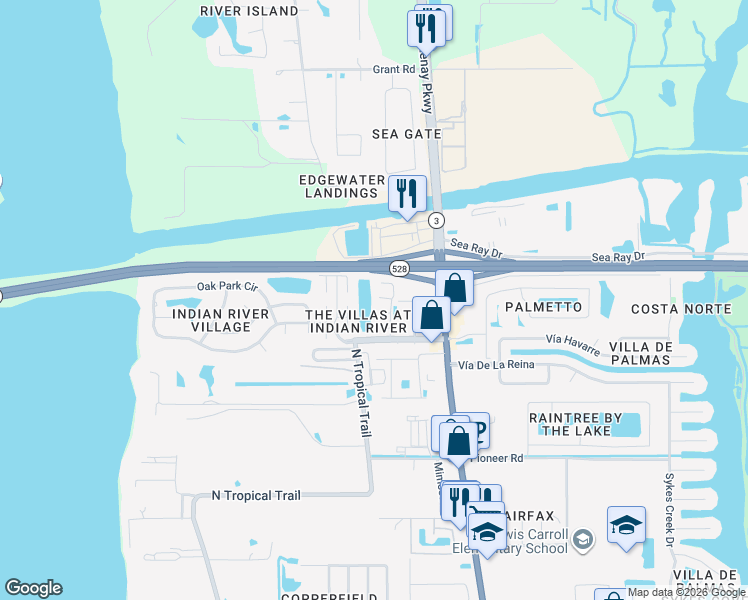 map of restaurants, bars, coffee shops, grocery stores, and more near 435 Via Valencia Court in Merritt Island
