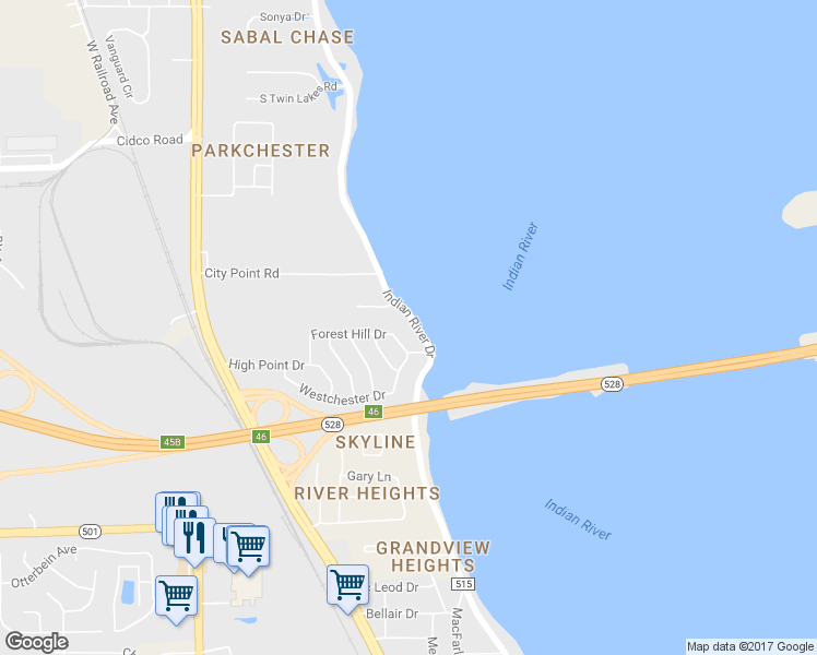 map of restaurants, bars, coffee shops, grocery stores, and more near 3430 Indian River Drive in Cocoa