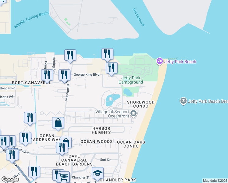 map of restaurants, bars, coffee shops, grocery stores, and more near 8941 Lake Drive in Cape Canaveral