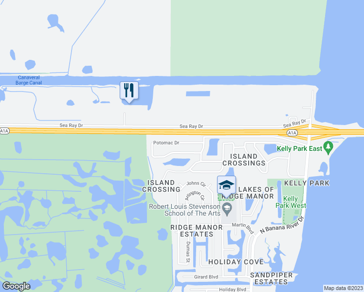 map of restaurants, bars, coffee shops, grocery stores, and more near 1277 Potomac Drive in Merritt Island