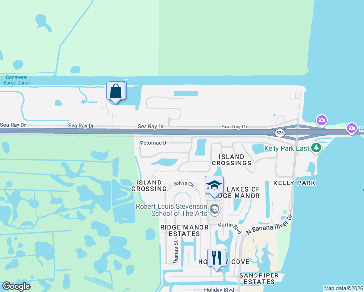 map of restaurants, bars, coffee shops, grocery stores, and more near 1281 Potomac Drive in Merritt Island