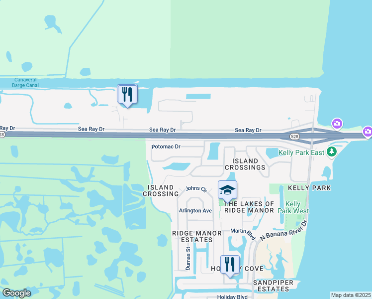 map of restaurants, bars, coffee shops, grocery stores, and more near 1281 Potomac Drive in Merritt Island