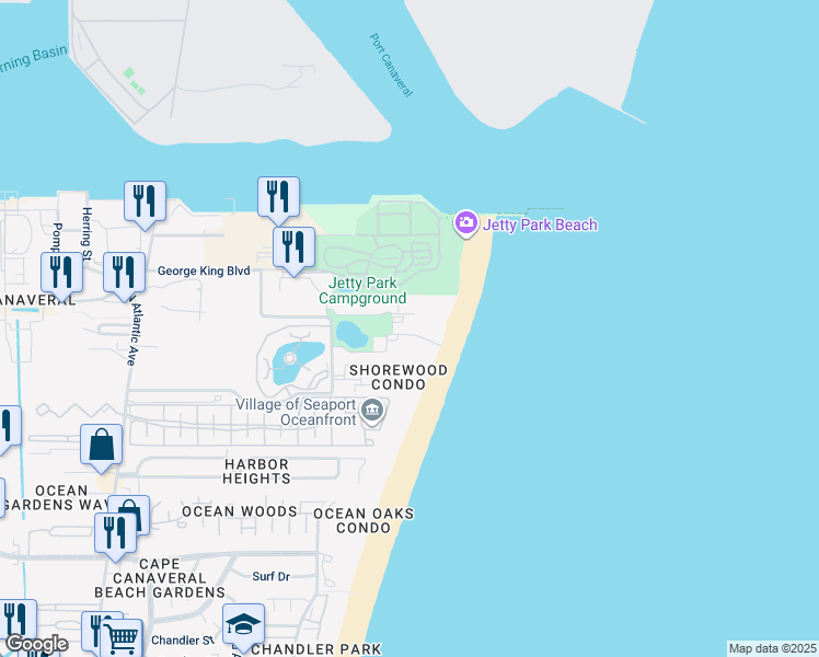 map of restaurants, bars, coffee shops, grocery stores, and more near 703 Solana Shores Drive in Cape Canaveral