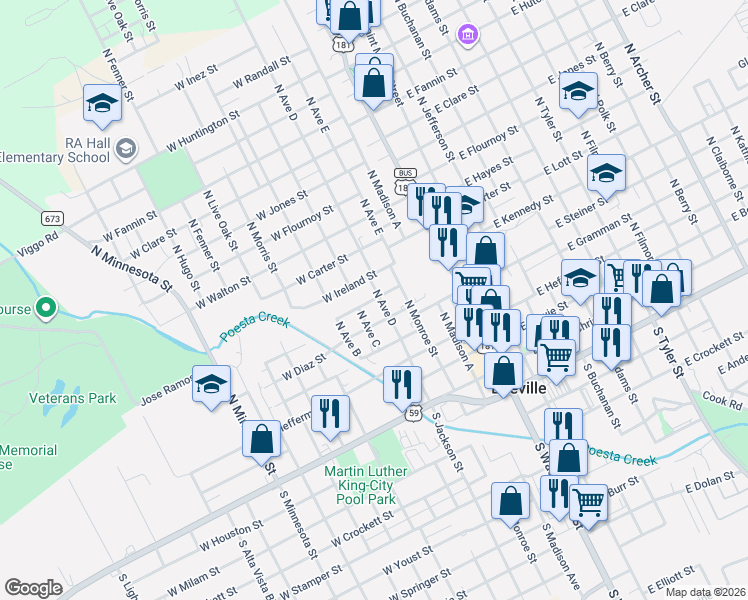 map of restaurants, bars, coffee shops, grocery stores, and more near 501 3rd Street in Beeville