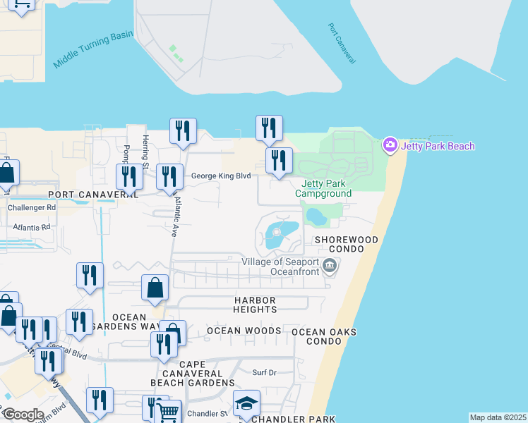 map of restaurants, bars, coffee shops, grocery stores, and more near 8941 Shorewood Drive in Cape Canaveral