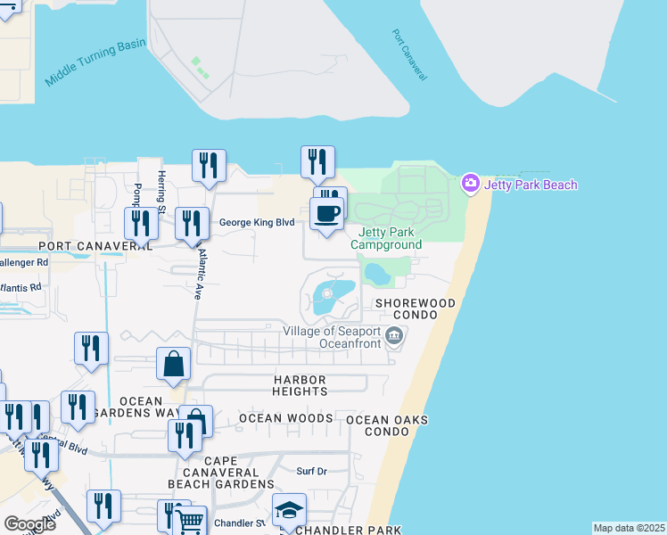 map of restaurants, bars, coffee shops, grocery stores, and more near 8941 Lake Drive in Cape Canaveral