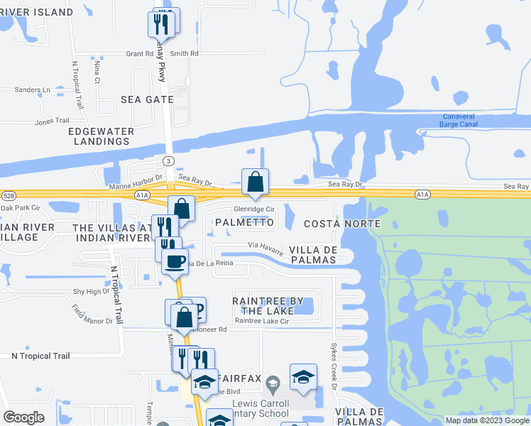 map of restaurants, bars, coffee shops, grocery stores, and more near 2843 Glenridge Circle in Merritt Island