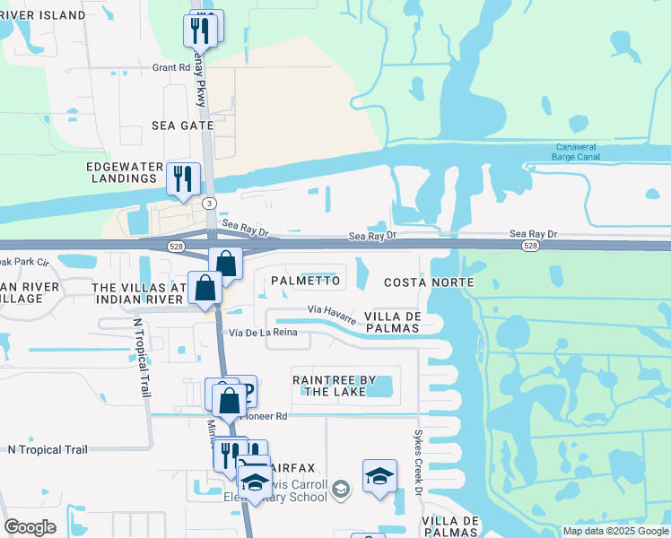 map of restaurants, bars, coffee shops, grocery stores, and more near 2853 Glenridge Circle in Merritt Island