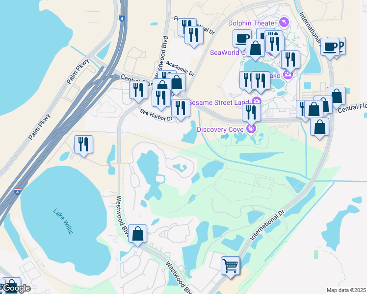 map of restaurants, bars, coffee shops, grocery stores, and more near 6514 Captains Way in Orlando