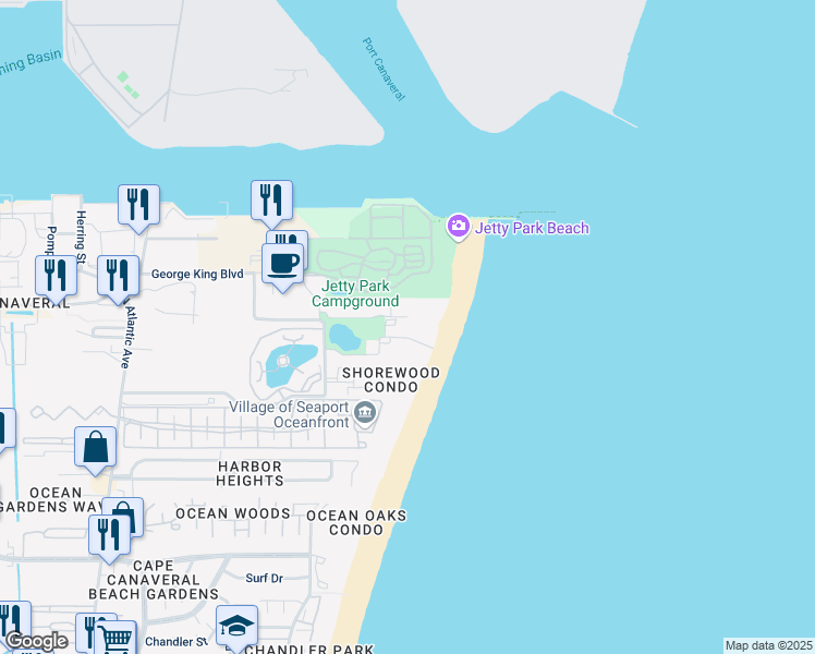 map of restaurants, bars, coffee shops, grocery stores, and more near 705 Solana Shores Drive in Cape Canaveral