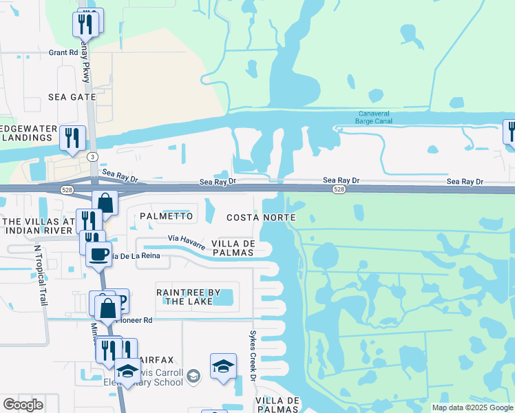 map of restaurants, bars, coffee shops, grocery stores, and more near 2580 Sykes Creek Drive in Merritt Island