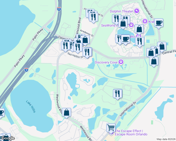 map of restaurants, bars, coffee shops, grocery stores, and more near 6514 Captains Way in Orlando