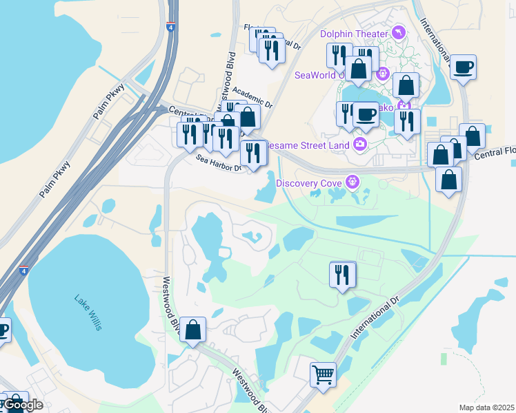 map of restaurants, bars, coffee shops, grocery stores, and more near 6514 Captains Way in Orlando
