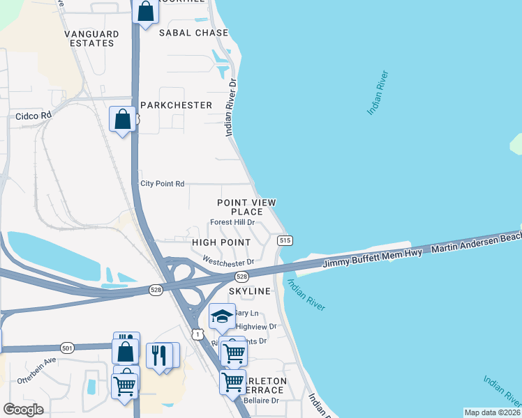 map of restaurants, bars, coffee shops, grocery stores, and more near 206 Forest Hill Drive in Cocoa