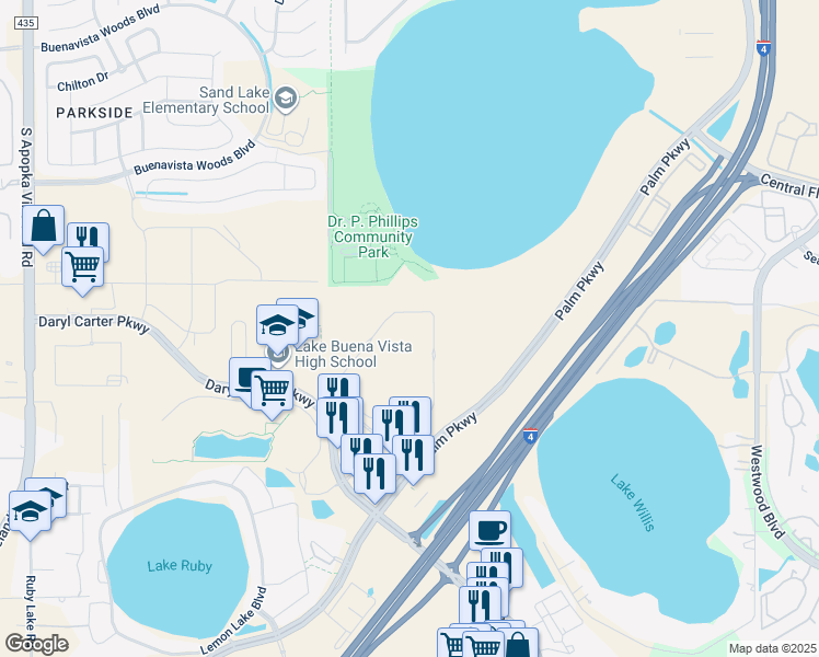 map of restaurants, bars, coffee shops, grocery stores, and more near 11129 Church Street in Orlando