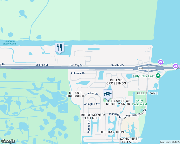 map of restaurants, bars, coffee shops, grocery stores, and more near 1281 Potomac Drive in Merritt Island