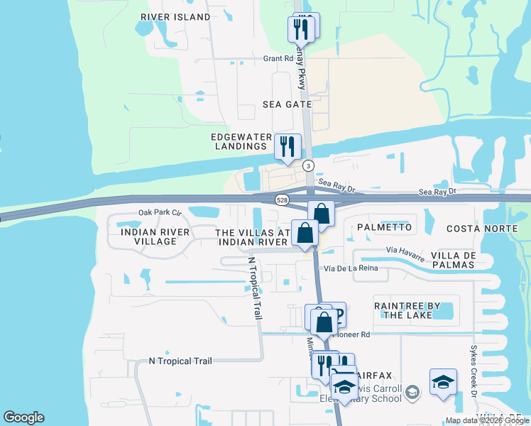 map of restaurants, bars, coffee shops, grocery stores, and more near 435 Via Valencia Court in Merritt Island